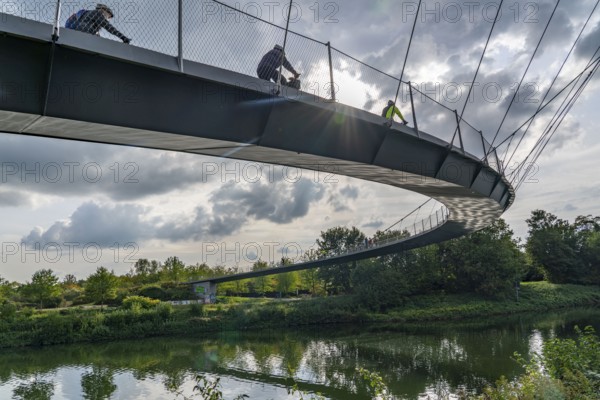 Bridge over the Rhine-Herne Canal near Gelsenkirchen Cycle and footpath, part of the ore railway line between Bochum and Gelsenkirchen, Zoom Bridge or Grimberger Sichel Bridge, Gelsenkirchen, North Rhine-Westphalia, Germany, Europe