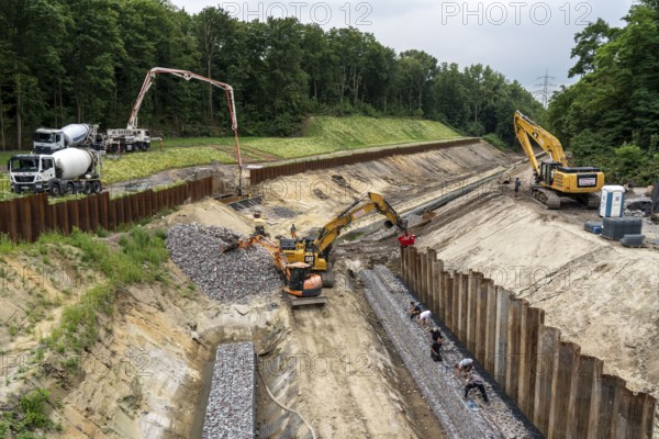 Renaturalisation work on the Boye, Emscher tributary, now sewage-free, the wastewater flows in the newly built parallel sewer, Bottrop North Rhine-Westphalia, Germany, Europe
