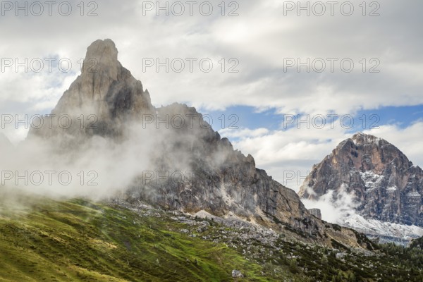 Ra Gusela in the fog and Tofane, Passo di Giau, Dolomites, Belluno, Italy, Europe