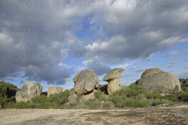 Landscape with rock formations, rocks, stones, bizarre, mushroom figure, mushroom-shaped, Los Barruecos, Malpartida de Caceres, Caceres, Extremadura, Spain, Europe