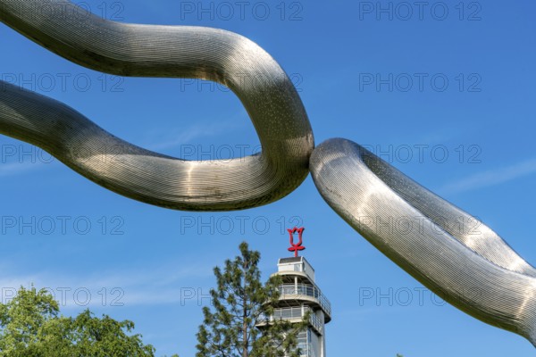 The Grugapark, Gruga Tower and Orion artwork, on the Kranichwiese, in Essen, North Rhine-Westphalia, Germany, Europe