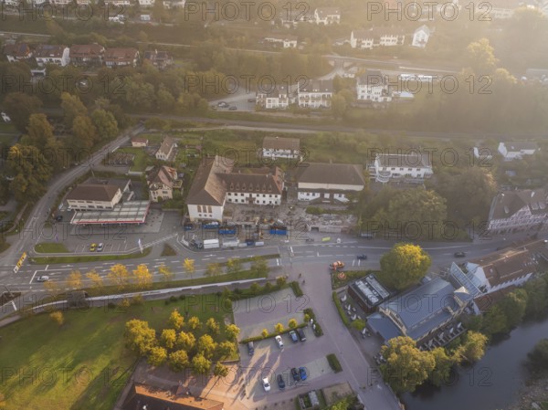 Wide-angle aerial view of an urban area with many streets, buildings and trees, Badischer Hof, Calw, Black Forest, Germany, Europe