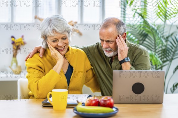 Senior couple doing accountability at home sitting using laptop and expressing happiness