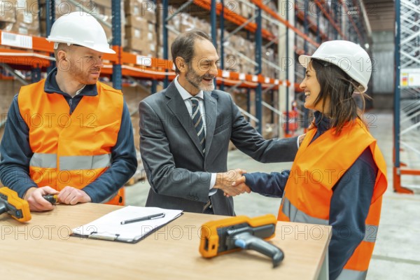 Manager and worker shaking hands in a logistics warehouse, smiling, with barcode readers and clipboard on the table