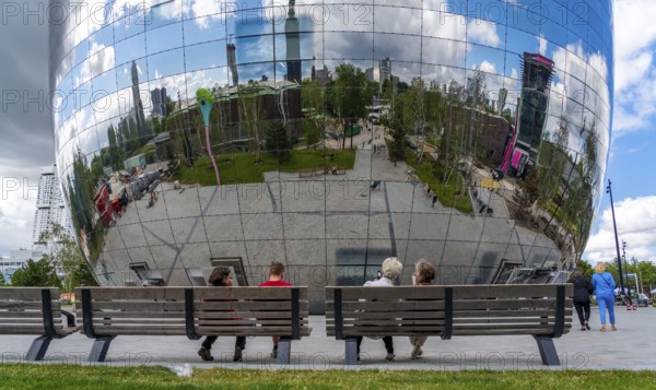 The Boijmans Van Beuningen depot in Rotterdam, show depot of the Boijmans Van Beuningen art museum, over 15, 000 exhibits that are not on display in the museum are presented here, exterior façade with 1664 curved reflective glass panes, birch forest on the roof, Netherlands