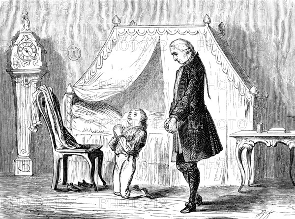 Prince Friedrich at evening prayer, piety, Christian, Prussian history, bedchamber, bed with curtain, grandfather clock, chair, table, historical illustration 1882