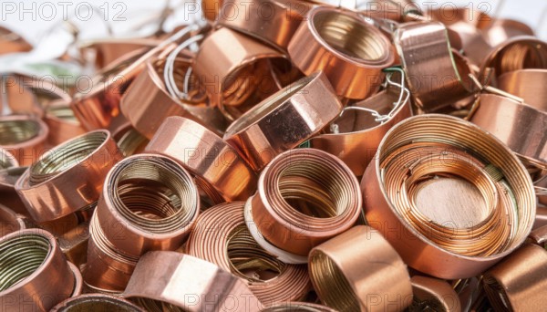 Material, metal, copper, a large amount of copper metal waste on a stockpile for recycling