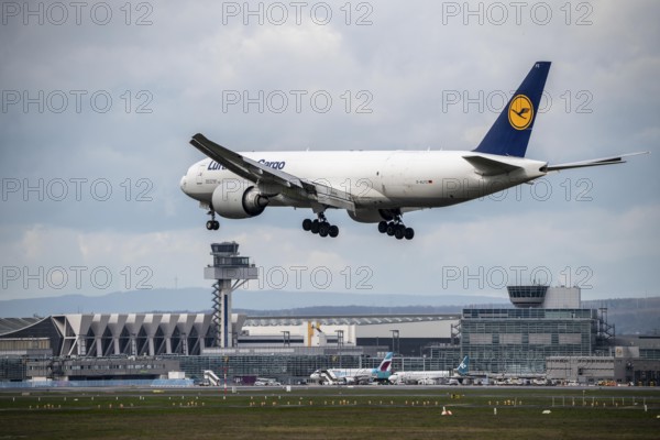 Lufthansa Cargo Boeing 777-FBT, approaching Frankfurt am Main Airport, German Air Traffic Control Tower, FRA, Hesse, Germany, Europe