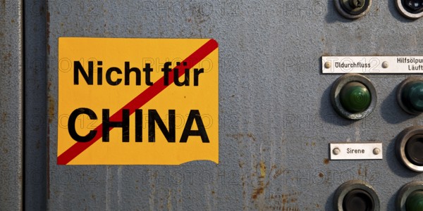 Sticker Not for China, Henrichshütte where parts of the plant were sold to China, Hattingen, Ruhr area, North Rhine-Westphalia, Germany, Europe