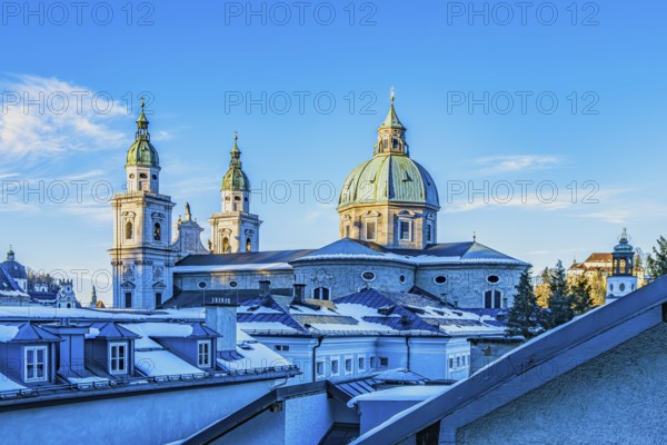 View from the Festungsberg over the historic city centre and the cathedral, a Roman Catholic cathedral, Salzburg, Austria, Europe