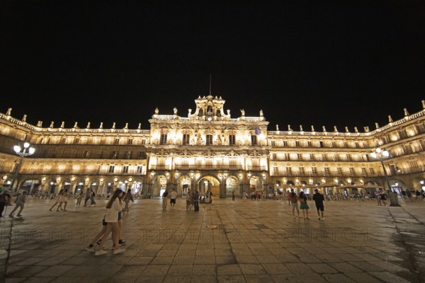 Illuminated town hall at Plaza Mayor at night, Salamanca, province of Salamanca, Castile and Leon, Spain, Europe