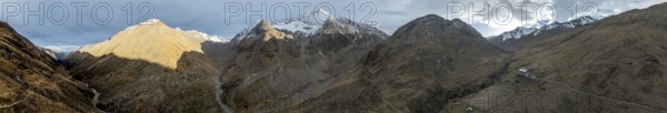 Panorama, Mountain landscape in the evening light, Mountain hut Martin-bush-Hütte, Niedertal in autumn, Aerial view, Vent, Ötztal Alps, Tyrol, Austria, Europe