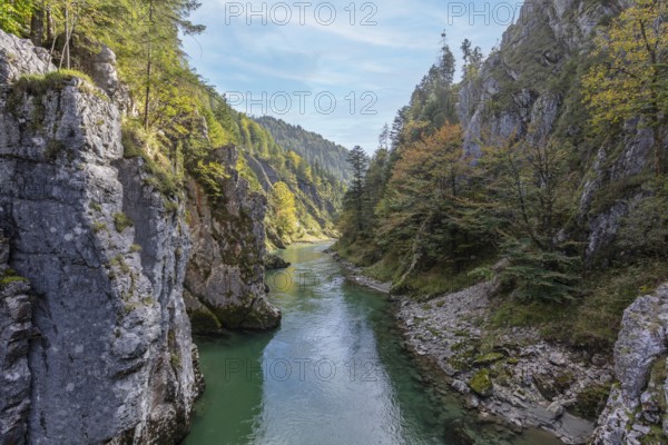 A calm river flows through a wooded gorge with rocky cliffs, Klobenstein