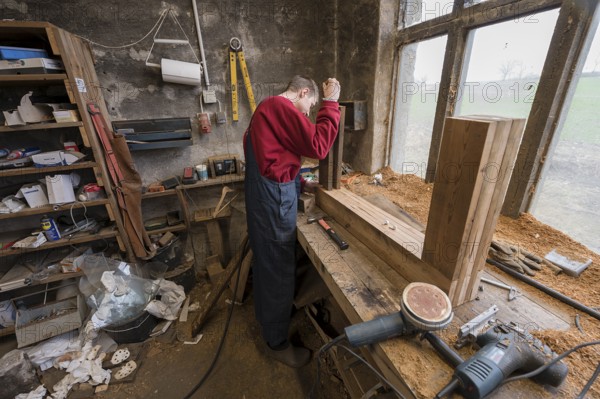 Young man builds a table in his workshop, Mecklenburg-Vorpommern, Germany, Europe