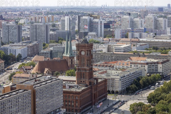City view. View of the Rotes Rathaus, Nikolaikirche and prefabricated buildings. Berlin, Germany, Europe