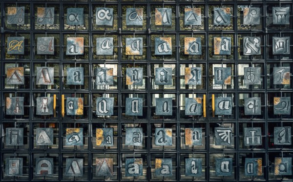 Entrance door with alphabet at the Central and State Library, Berlin, Germany, Europe