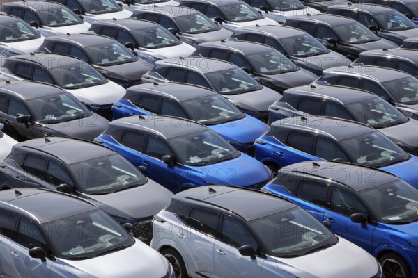 Duisburg, North Rhine-Westphalia, Germany - New cars, transhipment centre, car terminal in Duisburg port