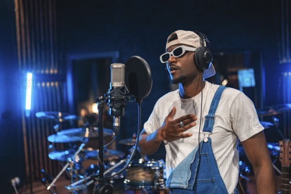 Talented african american male singer wearing trendy sunglasses and headphones, performing a song in a modern recording studio