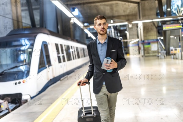 Businessman walking in subway station pulling suitcase and holding smartphone and reusable coffee cup
