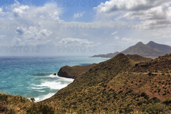 Mirador de La Amatista with views of the rocky coast and turquoise sea, coastline at La Isleta, Almeria, Cabo de Gata, Cabo de Gata-Nijar, Spain, Europe