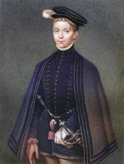 Henry Stewart Lord Darnley, also Stuart, 1545-1567, cousin and second man of Mary, Queen of Scots, father of James I of Great Britain. From the book Lodges British Portraits, published in 1823, Historical, digitally restored reproduction from a 19th century original, Record date not stated