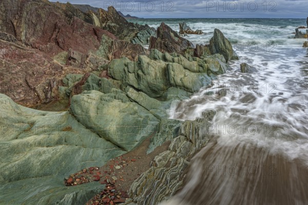 Colourful rocks, rock, coast, sea, waves, cloudy, Varanger Peninsula, Norway, Europe