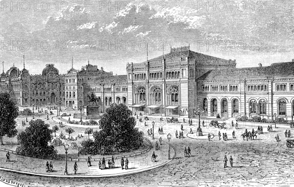 Railway station, imperial post office and telegraph building in Hanover, Lower Saxony, Germany, in 1880, Historical, digital reproduction of an original from the 19th century, Europe