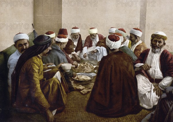 Druze from Mount Carmel at a meal, Holy Land (i.e. Israel), Historical, digitally restored reproduction from a 19th century original, Record date not stated