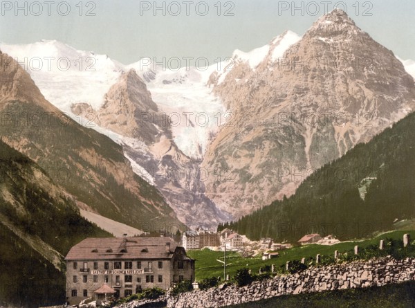 Hotel Trafoi, Hotel Bellevue, Beautiful View, at the foot of the Ortler in the Trafoi Valley, a side valley of the Suldental in the Ortler Alps, formerly Austria-Hungary, today South Tyrol, Italy, Historical, digitally restored reproduction from a 19th century original, Record date not stated, Europe