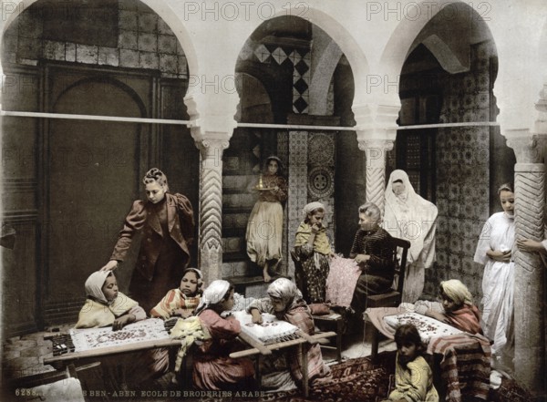 Arab Embroidery School, Algiers, Algeria, ca 1890, Historical, digitally restored reproduction from a 19th century original, Record date not stated, Africa