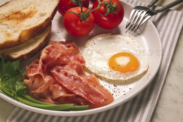 Frühstück, Spiegelei, Speck und Brot, mit Kirsche, auf einem hellen Hintergrund, hausgemacht, keine Menschen