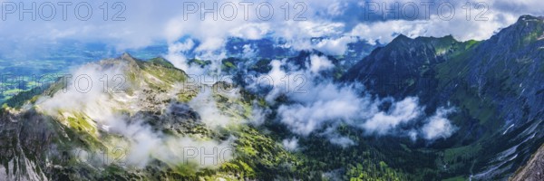 Panorama from the Nebelhorn, 2224m, to the Entschenkopf, 2043m and into the cloudy Retterschwanger Tal, Allgäu Alps, Allgäu, Bavaria, Germany, Europe