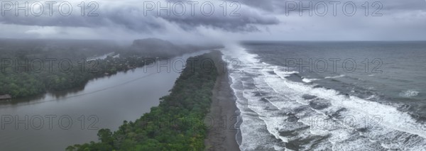 Aerial view, beach and sea, coast with rainforest, Tortuguero National Park, Costa Rica, Central America