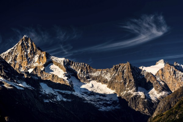 The Bietschhorn near Visperterminen, Swiss Alps, mountain, church, church tower, village, mountain landscape, alpine, idyll, hiking, climate, outdoor, tourism, travel, landscape, nature, snow, climate change, cloud, blue sky, Valais, Switzerland, Europe