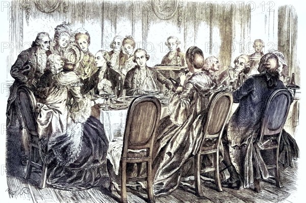 Johann Caspar Lavater, 1741-1801, Johann Wolfgang von Goethe, 1749-1832, and Johann Bernhard Basedow, 1724-1790, at lunch in Koblenz, coloured woodcut from 1864, company gathers at the dining table in period dress