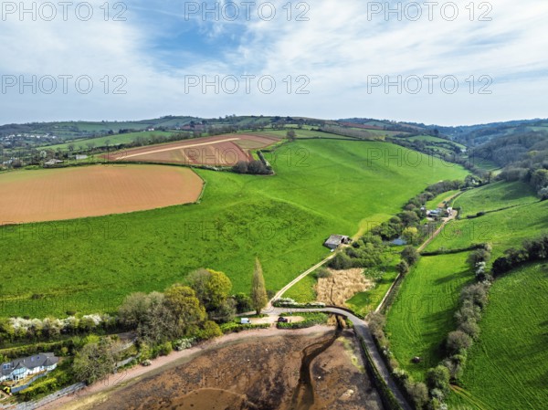 Farms and Fields over River Teign from a drone, Teignmouth, Shaldon, Devon, England, United Kingdom, Europe