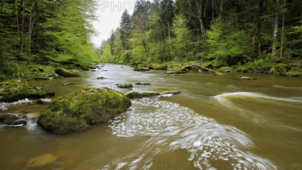 European beech trees shedding leaves, in the foreground moss-covered stones on the river Sihl, Sihlsprung, Menzingen, Canton Zug, Switzerland, Europe