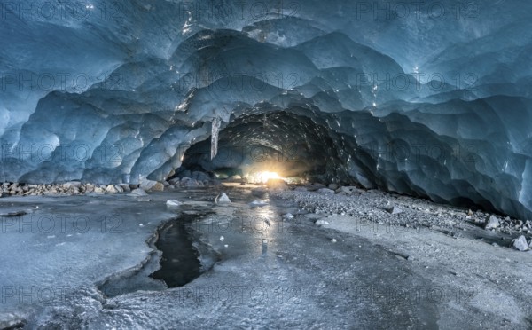 Glacier cave, ice cave, Morteratsch Glacier, Engadin, Grisons, Switzerland, Europe