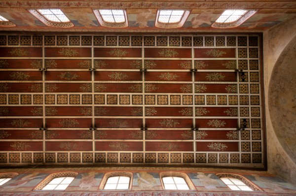 Interior view, nave, wall painting, ceiling painting, parish church of St George, Oberzell, Reichenau Island, Constance district, Baden-Württemberg, Germany, Europe