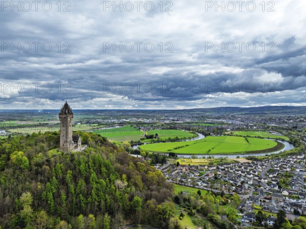 The National Wallace Monument or William Wallance Monument from a drone, Stirling, Scotland, England, United Kingdom, Europe