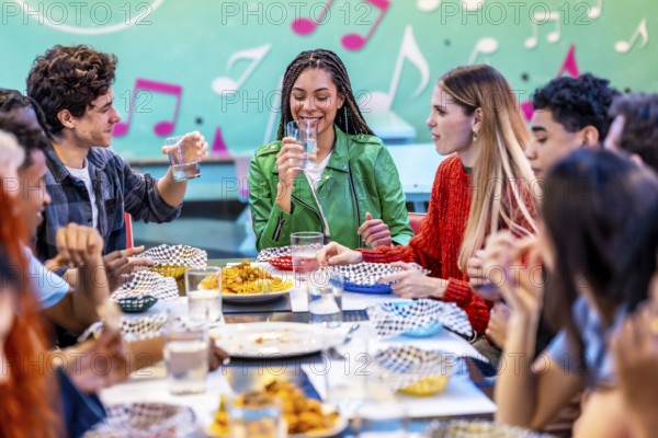 Young multiethnic friends enjoying meals and drinks together in a vintage restaurant, creating a lively atmosphere filled with laughter and conversation