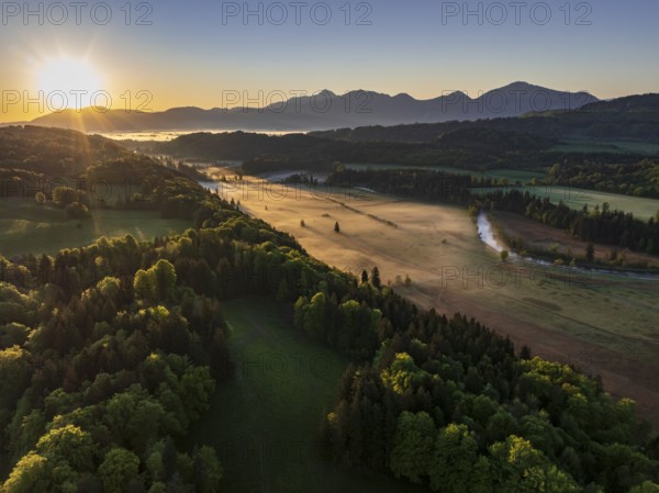 Aerial view, trees, forest, meadow, light green leaves, morning light, fog, mountains, sunny, backlight, sun, spring, near Murnau, foothills of the Alps, Bavaria, Germany, Europe