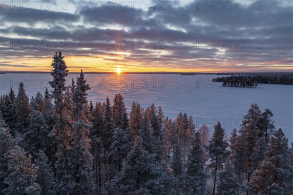 Winter landscape with frozen lake, Posio, Lapland, Finland, Europe