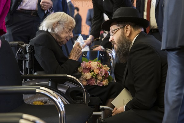 Margot Friedländer (Holocaust survivor and honorary citizen of the city of Berlin) and Yehuda Teichtal (American rabbi, founder and chairman of the Jewish community Chabad Berlin) at the commemorative event of the Senate and Berlin House of Representatives on the 80th anniversary of the end of the Second World War, Berlin, 7 May 2025