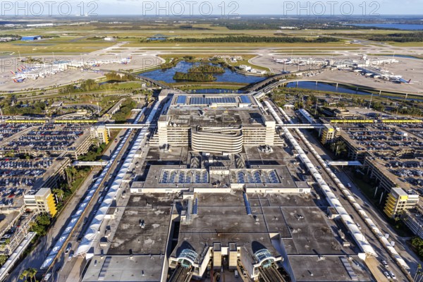 Aerial view of Orlando International Airport with Terminal Concourses Airside 2 and 4 in Orlando, USA, North America