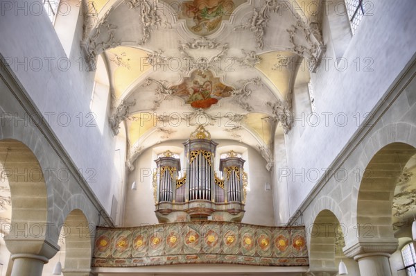 Interior view, gallery, organ, ceiling painting, ceiling fresco, collegiate church Sankt Peter und Paul, Niederzell, Insel Reichenau, Landkreis Konstanz, Baden-Württemberg, Germany, Europe