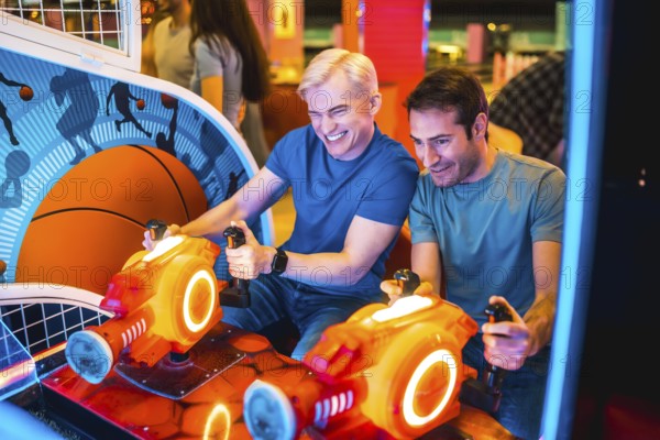 Two male friends enjoying their free time playing arcade basketball simulator together, laughing and having fun