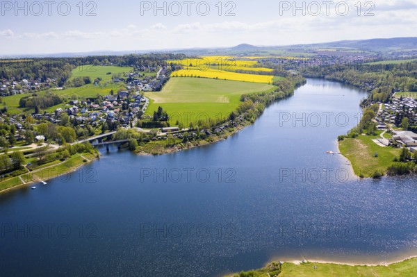 Malter dam and village with railway viaduct, in the background the town of Dippoldiswalde and Luchberg, Erzgebirge, Saxony, Germany, Europe