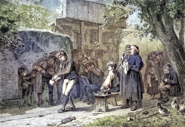 Bowling alley, Bowling on a sand alley at the church fair, Bavaria, Germany, coloured woodcut from 1864, group of people watching a children's game on the street. Buildings in the background, trees, historical clothing, Europe