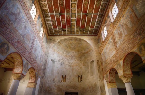 Interior view, western apse, nave, wall painting, ceiling painting, parish church of St George, Oberzell, Reichenau Island, district of Constance, Baden-Württemberg, Germany, Europe
